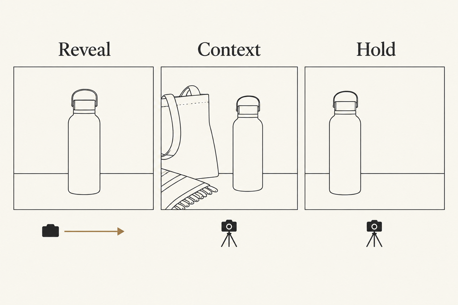 Three separate bottle shots: reveal, context, and a final hold.