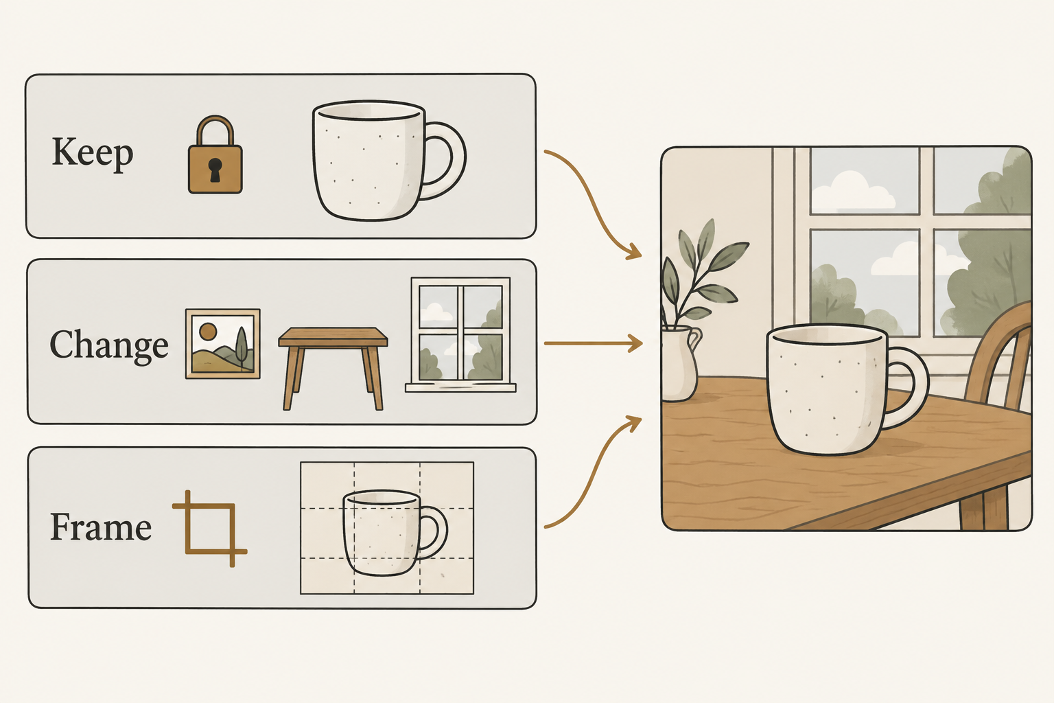 Prompt structure with separate Keep, Change and Frame instructions