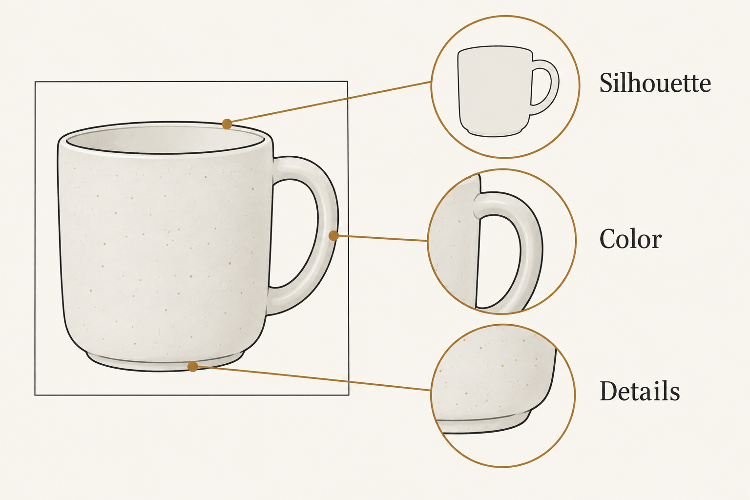 Source-photo inspection points for the mug silhouette, color and small details