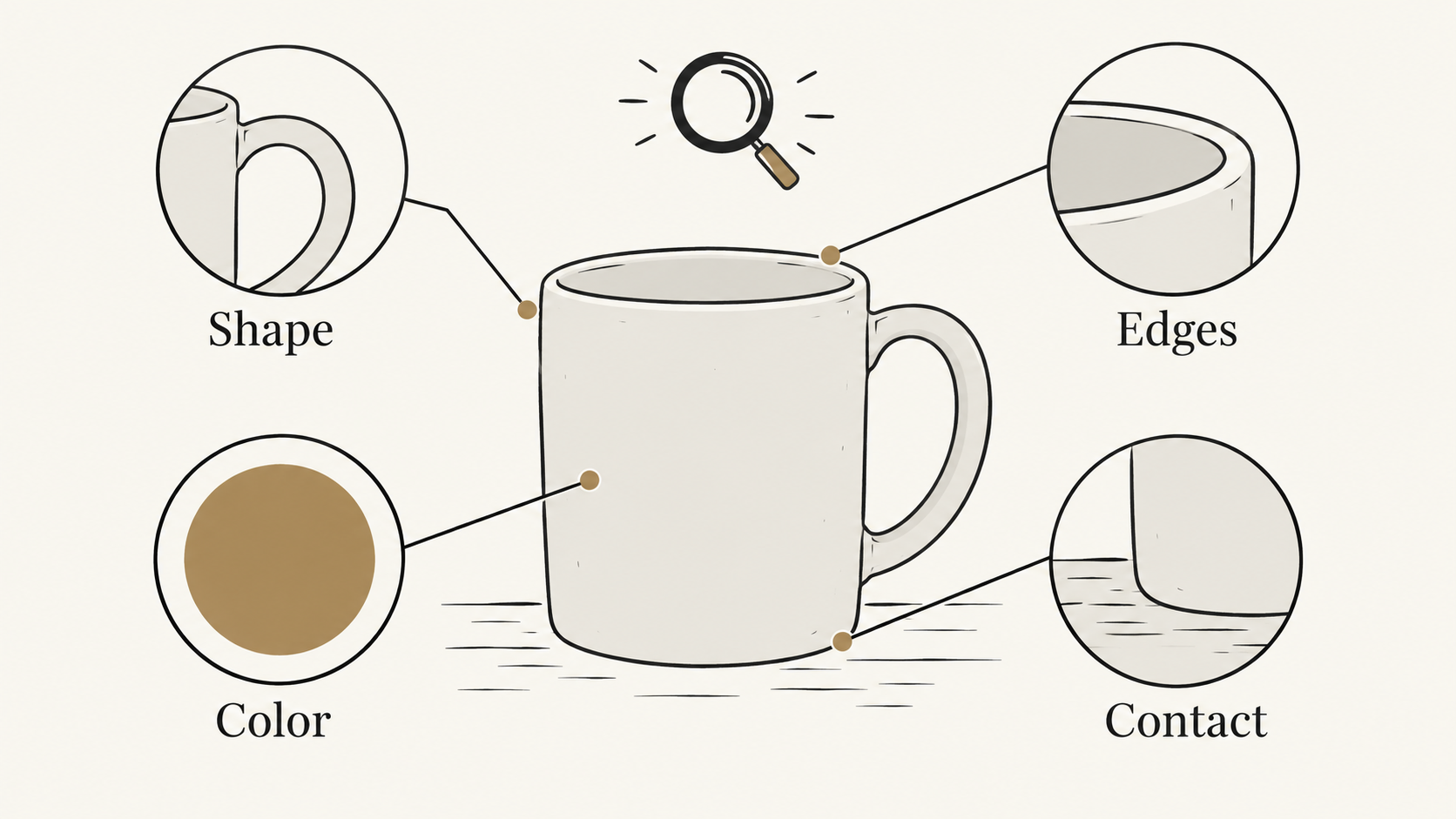 Four inspection areas: shape, edges, color and contact with the surface