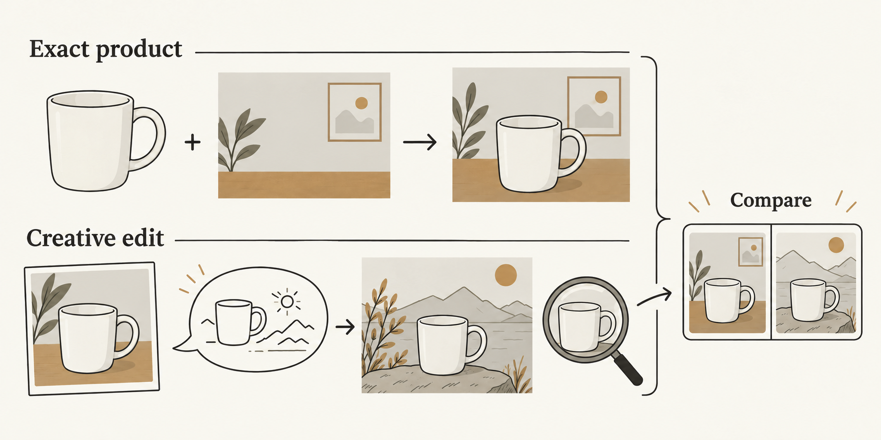 Two approaches: preserve a product cutout or generate an edit and compare it