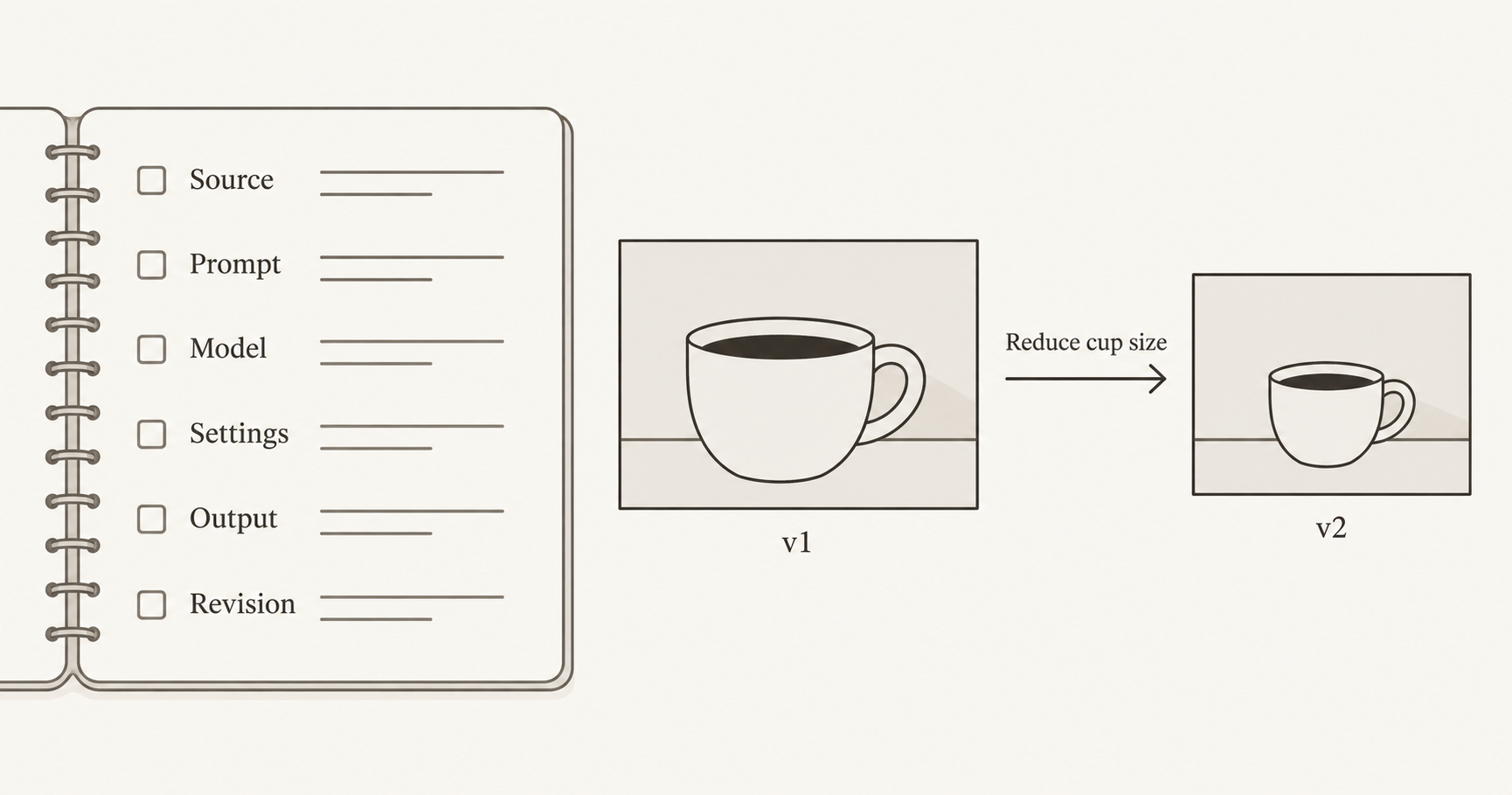 A prompt recipe records the source, prompt, model, settings, file and a specific revision note.
