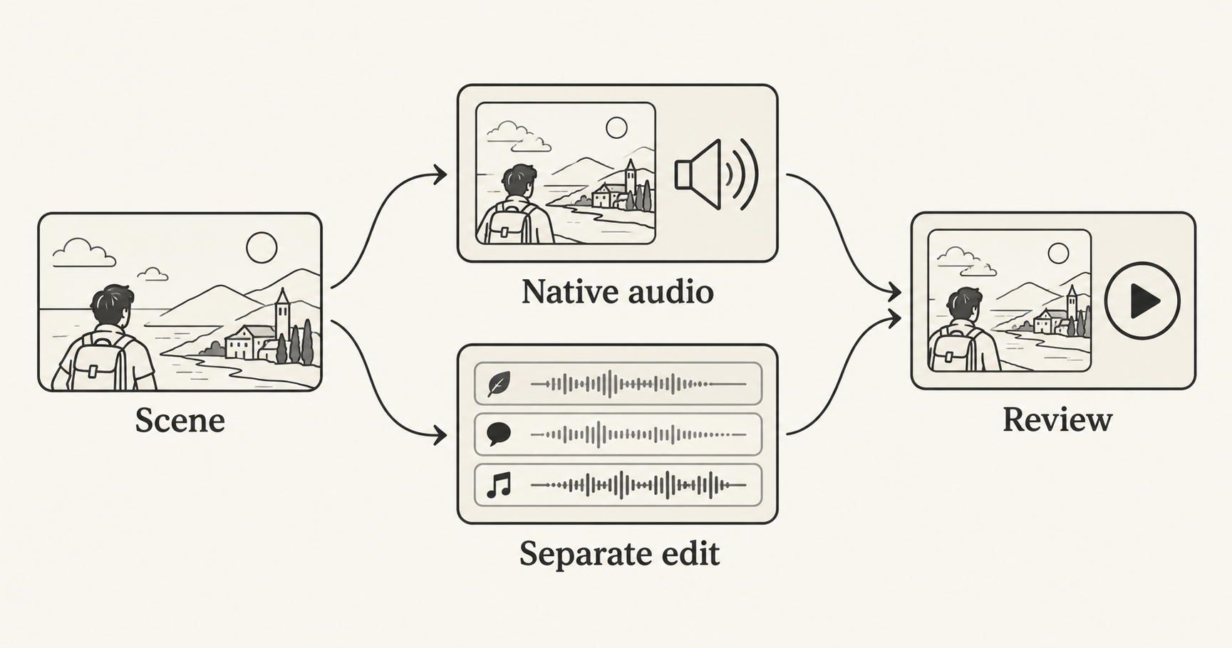 Native audio and separate editing offer two routes from a scene to a reviewed soundtrack.