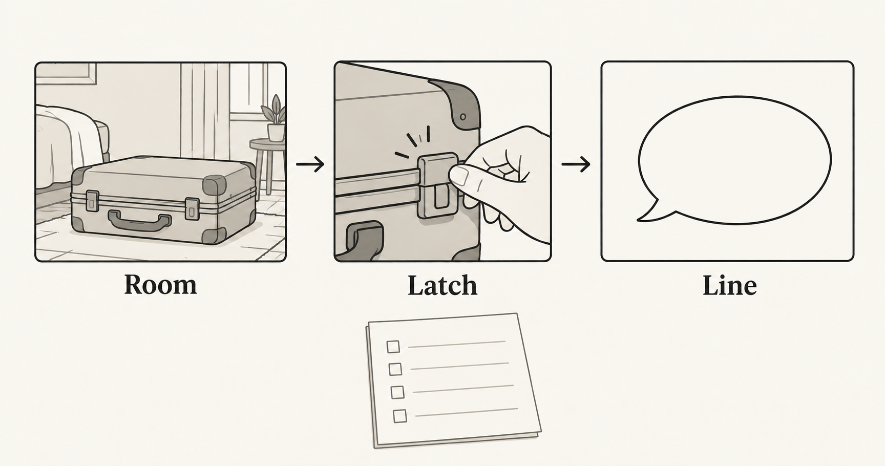 A scene is broken into a quiet room, a latch click and a short spoken line.
