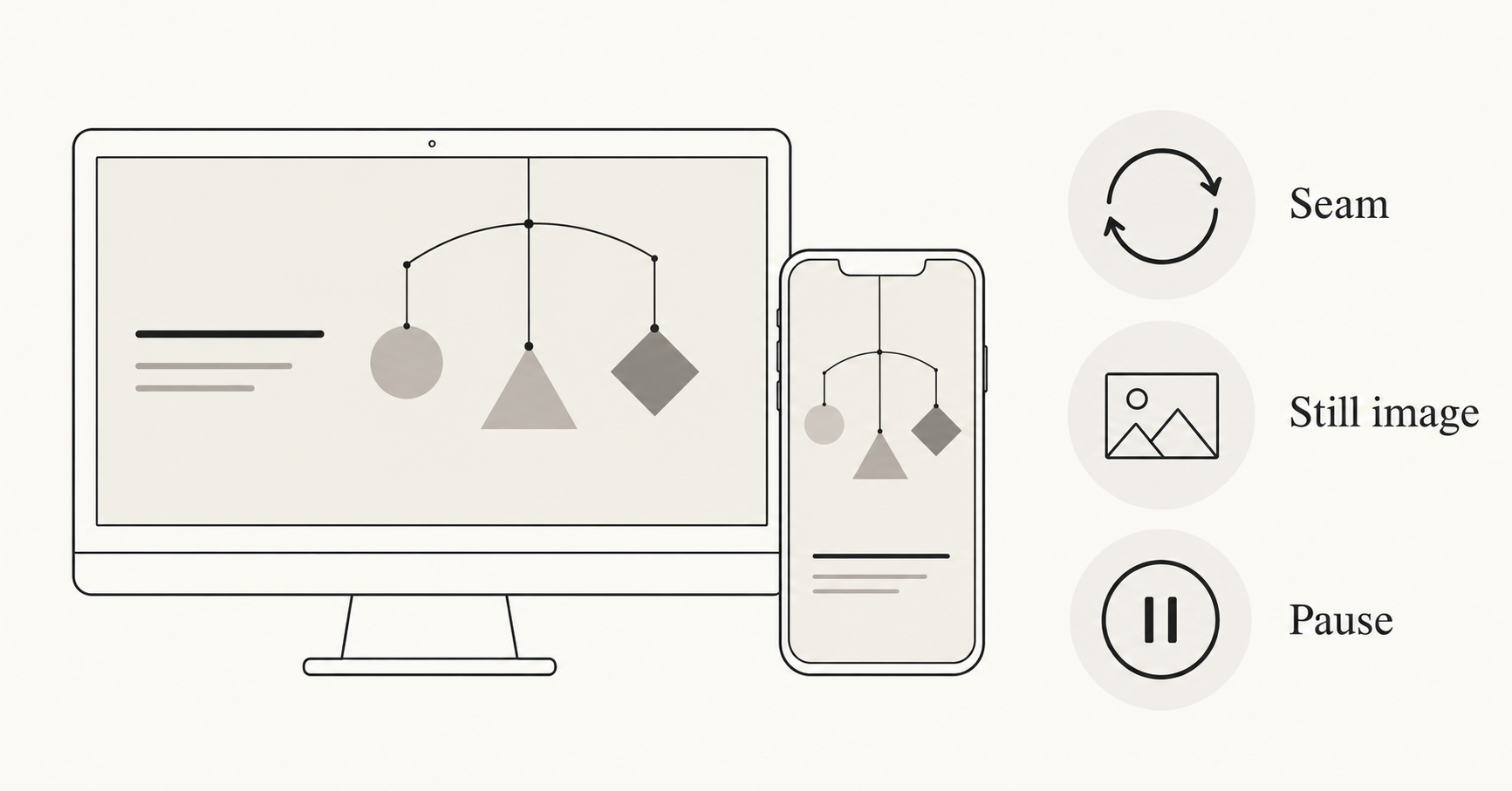 A desktop and phone preview are checked alongside a still image and pause control.