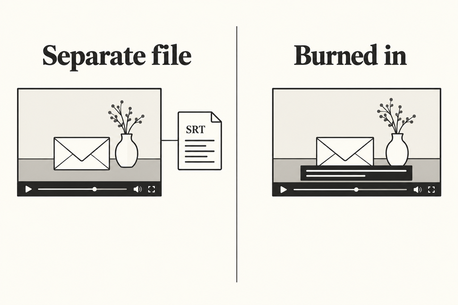A separate SRT document sits beside one video, while a second video contains a caption band.