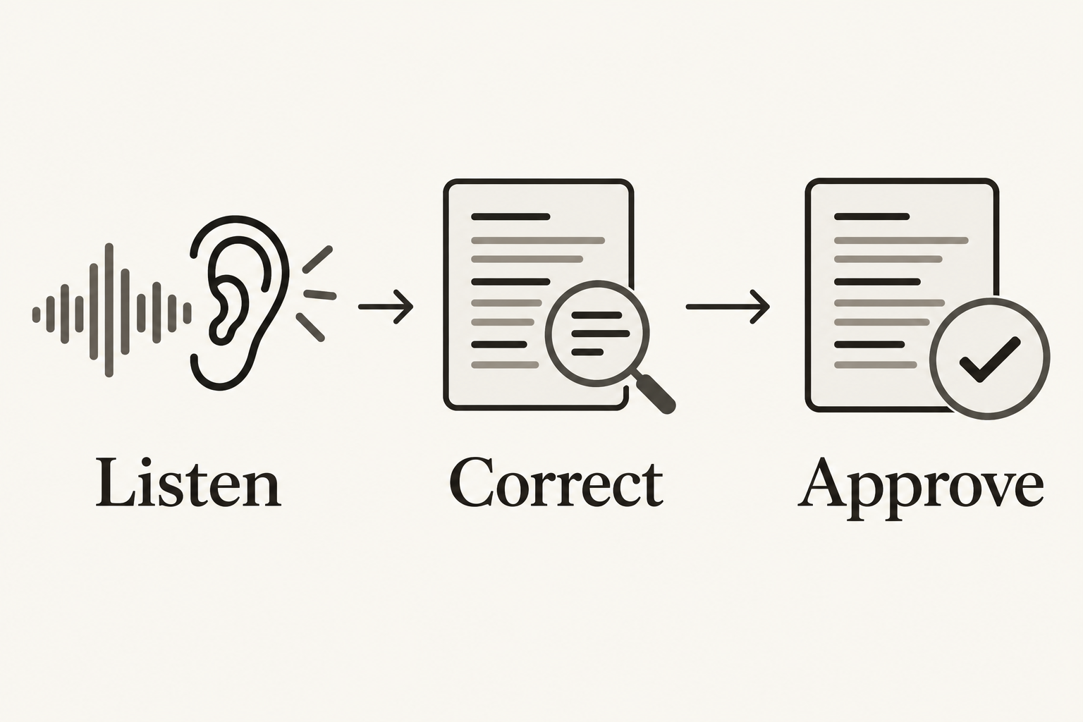 Listen to the audio, correct the transcript, and approve a caption master.