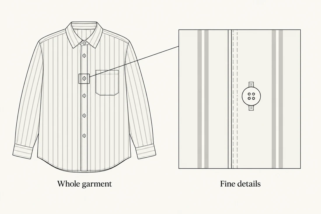 A full-shirt outline and a separate detail window illustrate checking shape and fabric structure.
