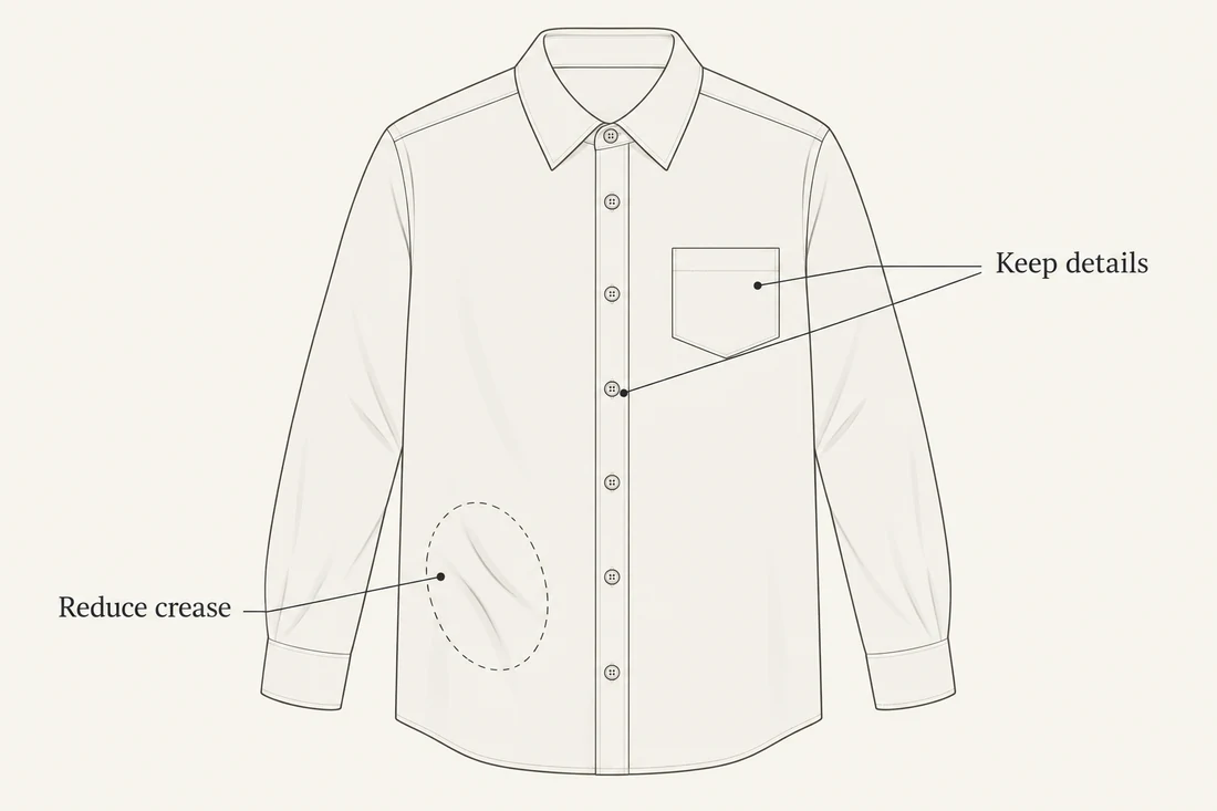 An edit request points to one lower-shirt area while a pocket and buttons remain outside the target.