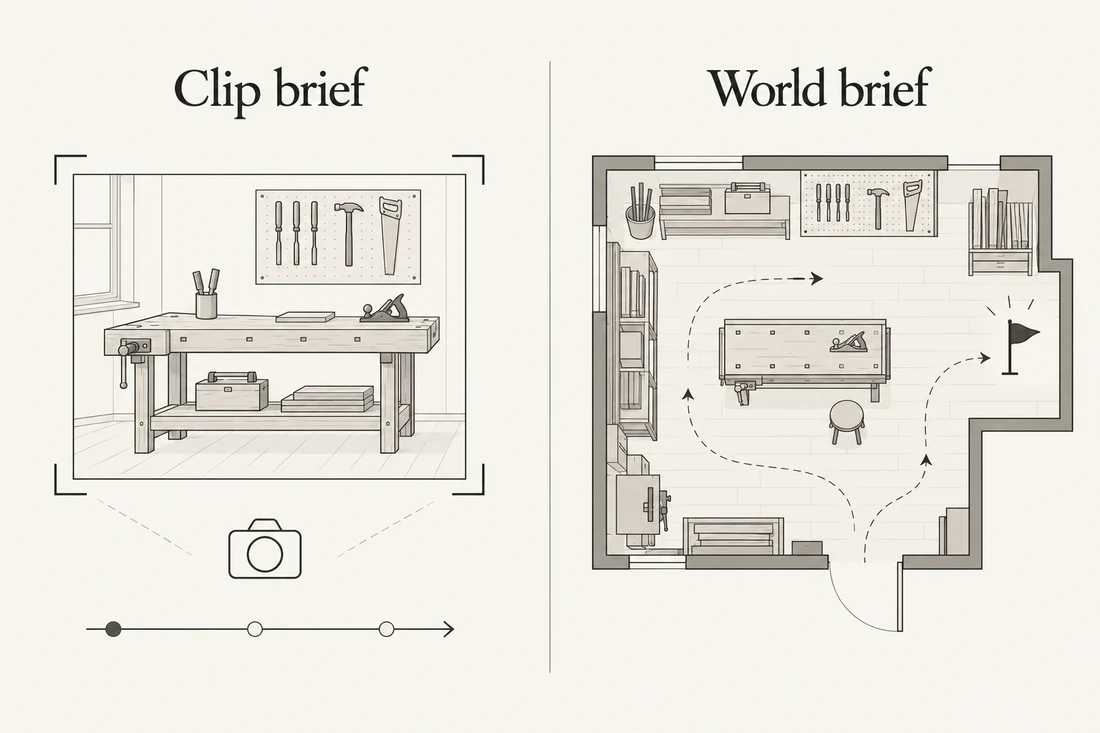 A clip brief uses framing and a timeline; a world brief uses a floor plan, directions and a goal.