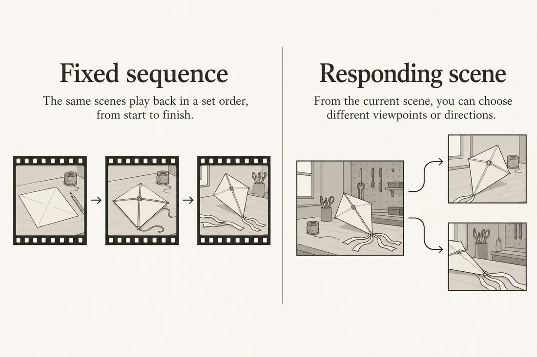 A linear sequence of workshop frames is compared with a scene branching into alternative viewpoints.
