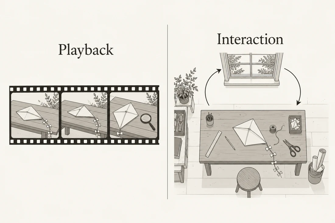 Playback review examines a filmstrip, while interaction review follows a route and returns to the workbench.
