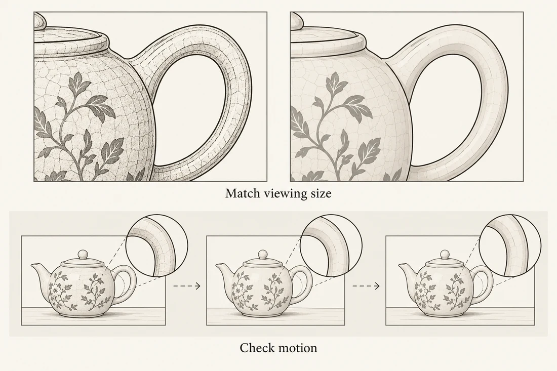 Equal-size detail windows and a sequence of frames illustrate checking both still details and temporal consistency.