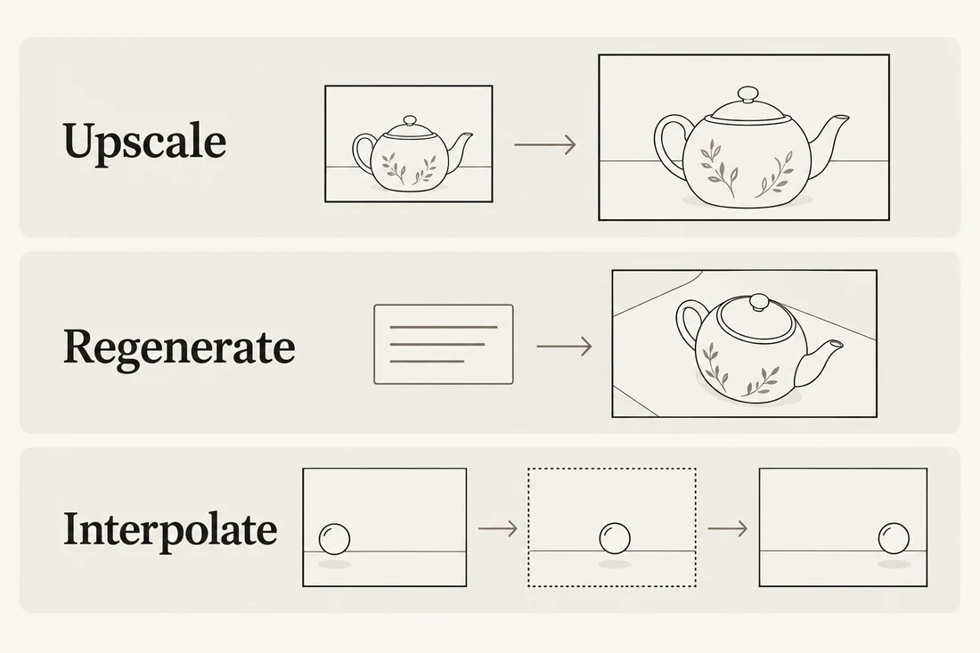 Upscaling enlarges the same composition, regeneration creates another take, and interpolation inserts a ball position between two motion frames.