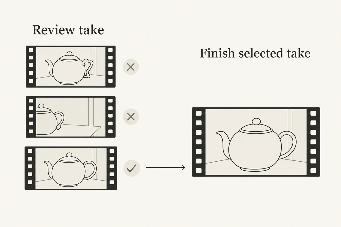 Rejected teapot takes stop at review; only the accepted filmstrip continues to a larger finishing frame.